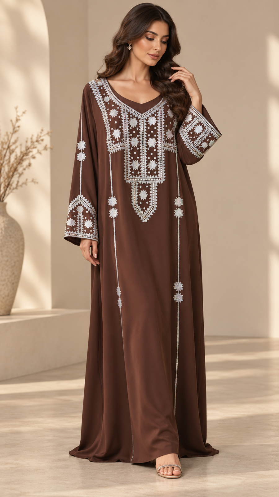 جلابية بنية بتطريز هندسي